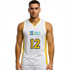 A sleeveless sport jersey in white and yellow with a curved V-neck and a logo displayed prominently.