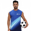 A blue 100% polyester micro mesh crew neck singlet with a logo, featuring a sporty design. A man holds a soccer ball.