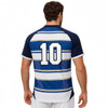 A blue and white polyester T-shirt featuring a V-neck, raglan sleeves, and a bold number 10 on the back.