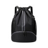 A black drawstring backpack featuring wet and dry separation compartments and mesh side pockets. It has a logo.