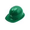 A green PVC construction hat with a glossy finish and a logo on the side.