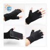 Fingerless gloves in black with a textured grip. Features UV protection and a lightweight design. Includes a logo.