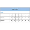 A size chart displaying measurements for various sizes of a product, including chest and length dimensions in centimetres.