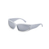 Wraparound sunglasses in a light grey frame with dark lenses; features a logo on the side.