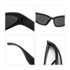 A pair of black wraparound sunglasses displayed from various angles, highlighting their sleek design and structure.