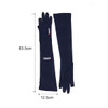 Long sleeve sun protective gloves in navy blue, featuring two open fingers and a logo.