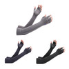 Long sleeve fingerless gloves in grey, dark grey, and black, designed for sun protection. Features a logo.