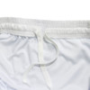 White polyester soccer shorts with a breathable lining and an elastic waistband featuring a drawstring.