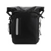 A black waterproof roll top backpack with adjustable straps and side zip pocket, featuring a logo.