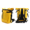 A waterproof roll top backpack in vibrant yellow and black, featuring adjustable straps and a logo.