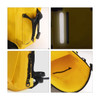 A yellow waterproof roll top backpack featuring reflective strips, external pockets, and a spacious interior.