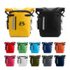 A waterproof roll top backpack available in various colours including yellow, black, red, green, and blue, featuring a logo.