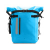 A waterproof roll top backpack in bright blue with adjustable straps and reflective accents. Features a logo.