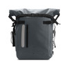 A grey waterproof roll top backpack featuring adjustable straps and a sleek design with a reflective panel and a logo.