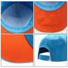 A vibrant sandwich bill hat featuring orange and blue fabric, showcasing its interior and adjustable strap.
