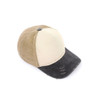 A distressed cotton baseball cap featuring a beige and grey colour scheme with a worn look. It has a logo present.