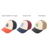 Three 5 Panel Distressed Cotton Baseball Caps in red, navy, and beige, featuring different logo styles.