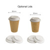 Kraft paper cups in brown with white optional lids, featuring two different sizes indicated by measurements.