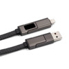 A fast charging cable in grey with a braided design, featuring USB and lightning connectors and a logo on one side.