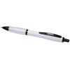 A recycled black pen with a white barrel and black accents, featuring a click mechanism and a logo.