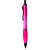 A pink and black pen with a translucent design and a sleek clip, featuring a logo.