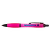A recycled black pen with a transparent pink body and a clip, featuring a logo on its side.