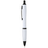 A black and white recycled pen with a smooth finish and a clip for attachment. It features a logo on the barrel.