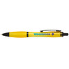 A yellow pen with a transparent barrel and a black tip, featuring a logo and the word "WOODWORK."