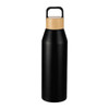 A drink bottle made of black stainless steel with a bamboo lid, featuring a handle for easy carrying.