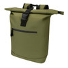 A green roll-top backpack with a front zip pocket and adjustable straps, featuring a logo on its side.