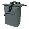 A grey roll-top backpack with a front zip pocket and adjustable straps. It has a sleek, modern design and a logo.