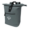 A grey roll-top backpack with a front zip pocket and a logo. Features adjustable straps for carrying.