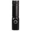 A black LED torch featuring a textured grip and a circular power button, designed for portability.