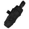 A black recycled tipless umbrella, compactly folded with a secured strap, featuring a branded handle.