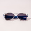 Clear frame sunglasses with dark blue lenses, featuring a logo on the side.