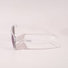 A pair of clear-frame sunglasses with purple lenses, featuring a logo on the side.