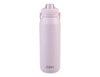 A drink bottle in pastel pink, featuring a quick release lid and a logo on the front.