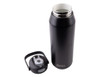 A drink bottle with a sleek black exterior and a quick release lid, featuring a separate lid component.