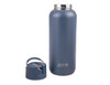 A drink bottle in matte dark blue with a silver lid, accompanied by a matching cup and lid. It features a logo.