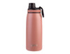 A drink bottle in a soft pink hue with a black screw cap and carry handle, featuring a branding logo.