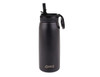 A drink bottle in matte black with a spout and a carrying handle, featuring a logo on the side.