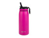 A drink bottle in vibrant pink with a spout top and a handle, featuring a logo on the front.