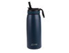A drink bottle in navy blue with a black spout lid and a contoured body. Features a logo on the front.