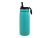 A drink bottle in teal with a black spout and handle, featuring a logo on the body.