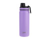 A drink bottle in lavender with a black screw cap and a carry handle, featuring a logo.