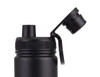 A drink bottle in black with a screw cap and flip top, featuring a handle and a logo.