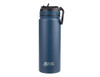 A drink bottle in navy blue with a spout lid and a carry handle, featuring a logo.