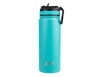 A drink bottle in turquoise with a spout and a handle, featuring a logo on the side.