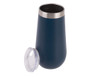 A vacuum champagne flute in navy blue with a stainless steel rim and a transparent lid. It features a logo.