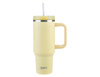 A drink bottle in soft yellow with a handle and straw, featuring a stainless steel band and a logo.